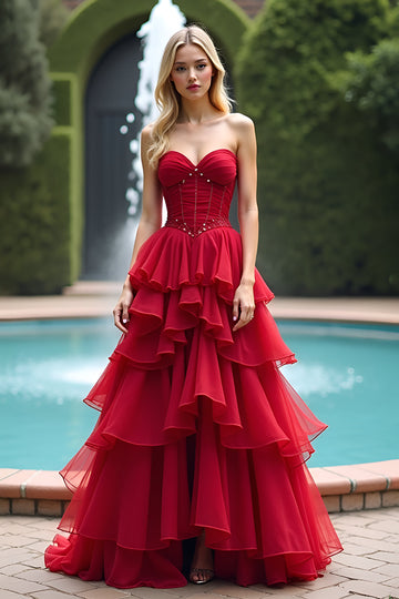 Sparkly Red Sweetheart Ball Gown Ruffled Long Formal Dress